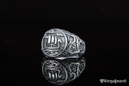 Drakkar Viking Symbol Ring with Urnes Style Sterling Silver Viking Jewelry