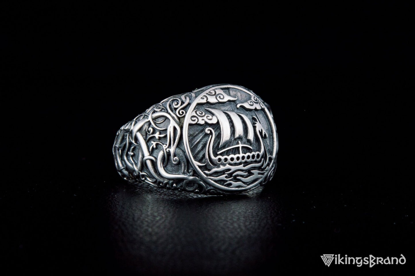 Drakkar Viking Symbol Ring with Urnes Style Sterling Silver Viking Jewelry
