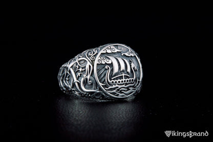 Drakkar Viking Symbol Ring with Urnes Style Sterling Silver Viking Jewelry