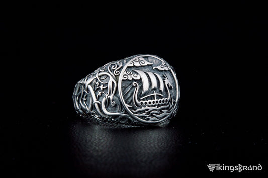 Drakkar Viking Symbol Ring with Urnes Style Sterling Silver Viking Jewelry