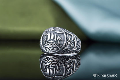 Drakkar Viking Symbol Ring with Urnes Style Sterling Silver Viking Jewelry