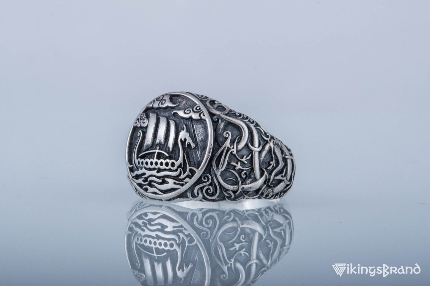 Drakkar Viking Symbol Ring with Urnes Style Sterling Silver Viking Jewelry
