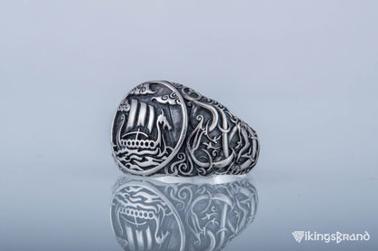 Drakkar Viking Symbol Ring with Urnes Style Sterling Silver Viking Jewelry