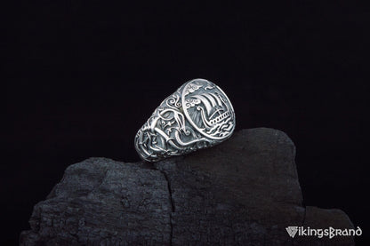 Drakkar Viking Symbol Ring with Urnes Style Sterling Silver Viking Jewelry