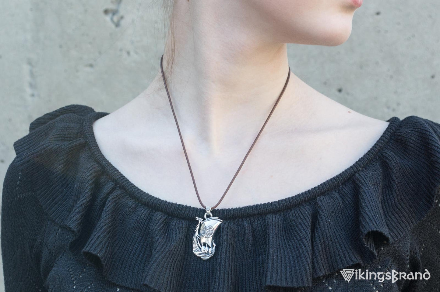 Drakkar Vikings Pendant with Norse Ornament Sterling Silver Handmade Jewelry