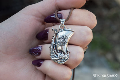 Drakkar Vikings Pendant with Norse Ornament Sterling Silver Handmade Jewelry