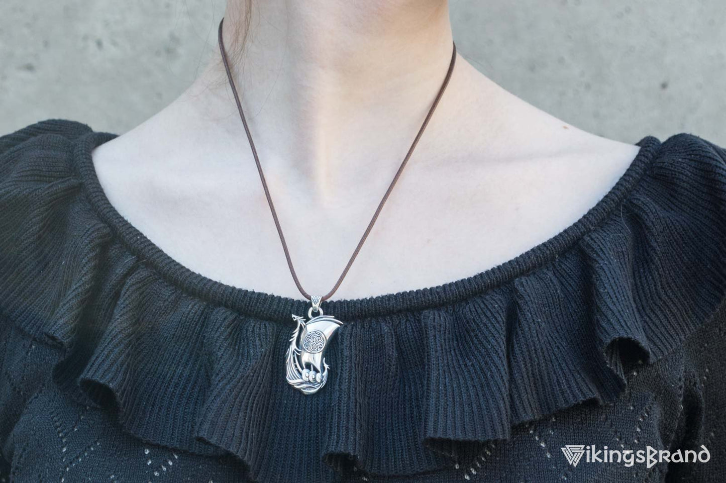Drakkar Vikings Pendant with Norse Ornament Sterling Silver Handmade Jewelry