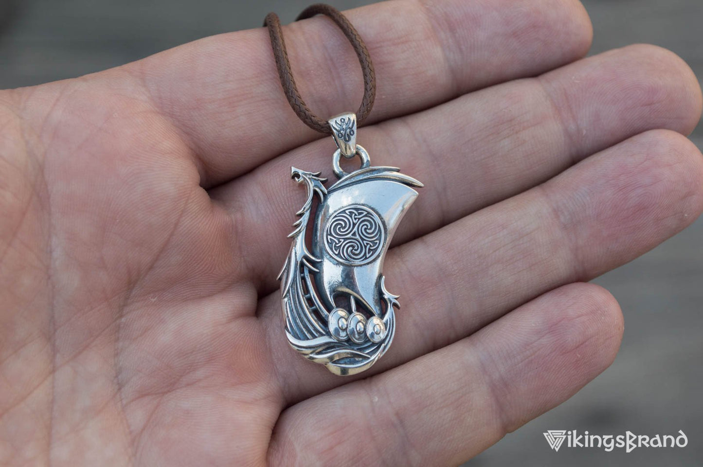 Drakkar Vikings Pendant with Norse Ornament Sterling Silver Handmade Jewelry
