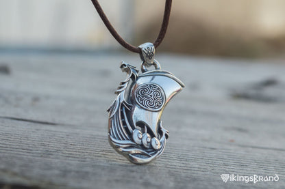 Drakkar Vikings Pendant with Norse Ornament Sterling Silver Handmade Jewelry