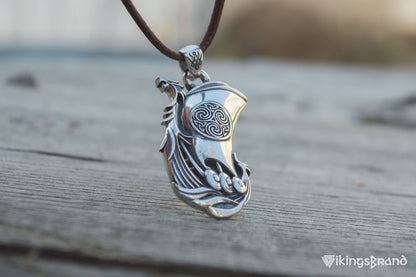 Drakkar Vikings Pendant with Norse Ornament Sterling Silver Handmade Jewelry