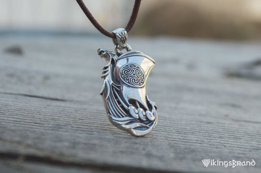 Drakkar Vikings Pendant with Norse Ornament Sterling Silver Handmade Jewelry