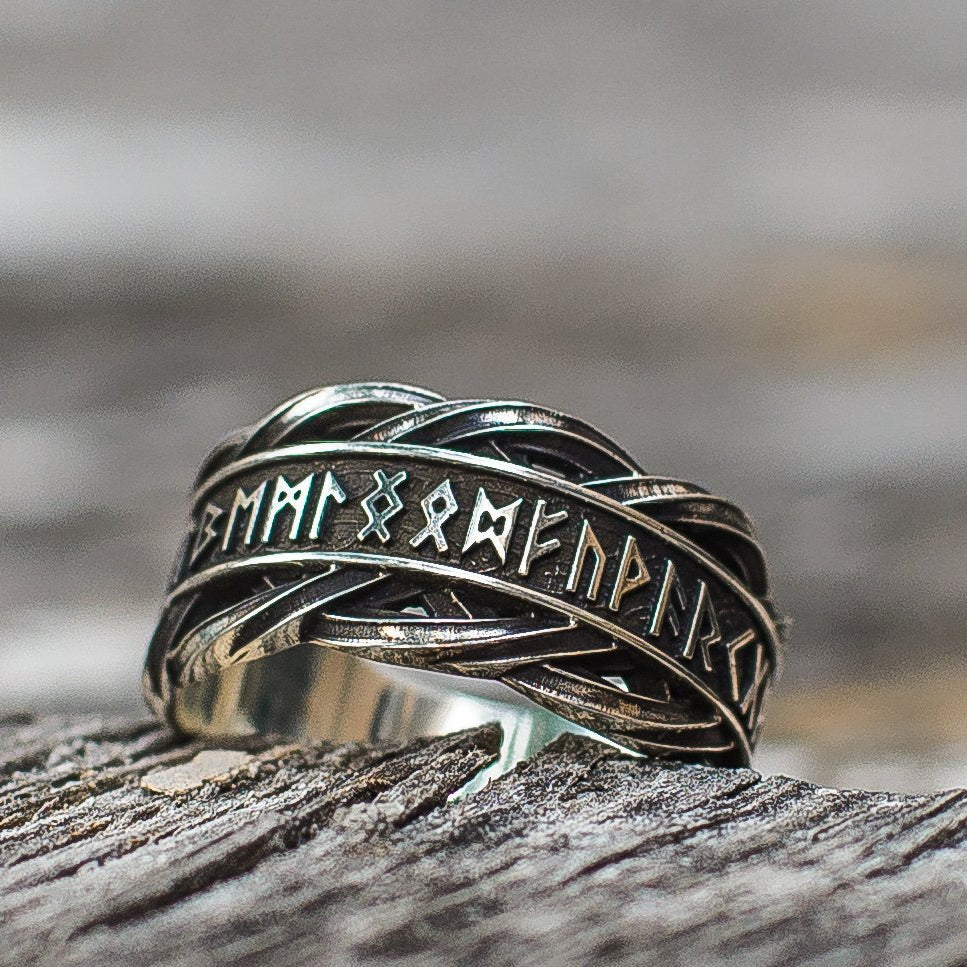 Elder Futhark Runes 925 Sterling Silver Norse Ring - VikingsBrand