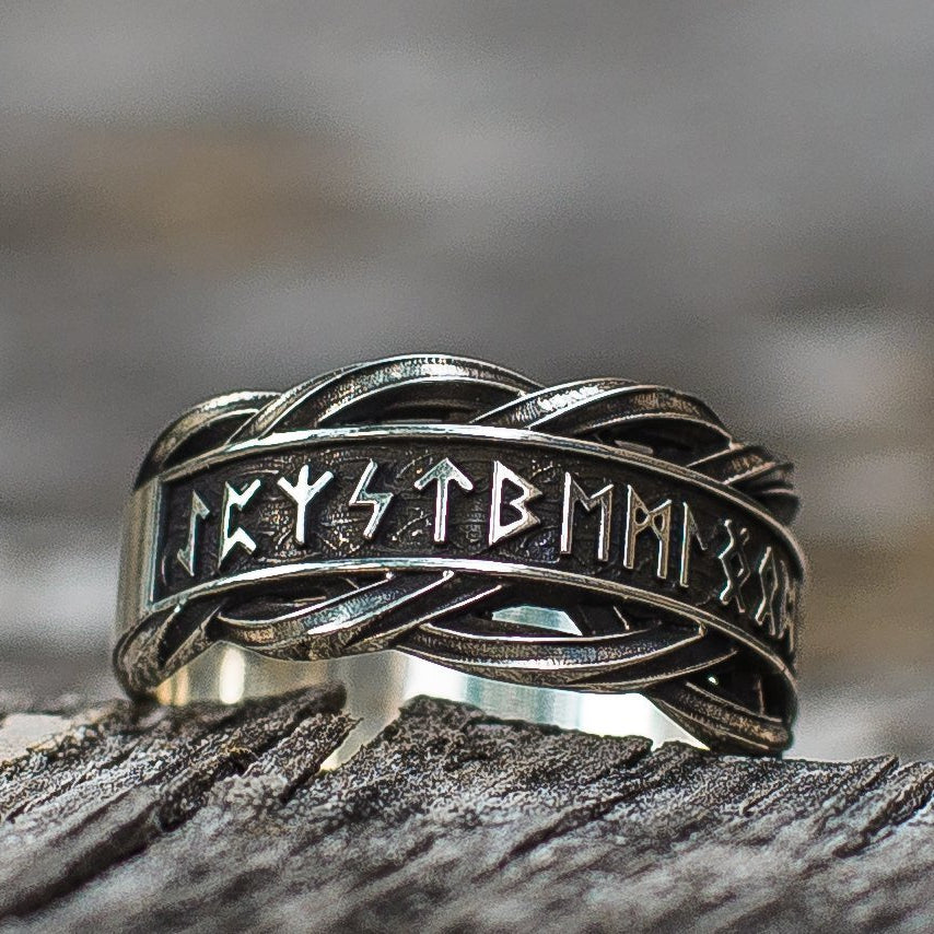 Elder Futhark Runes 925 Sterling Silver Norse Ring - VikingsBrand