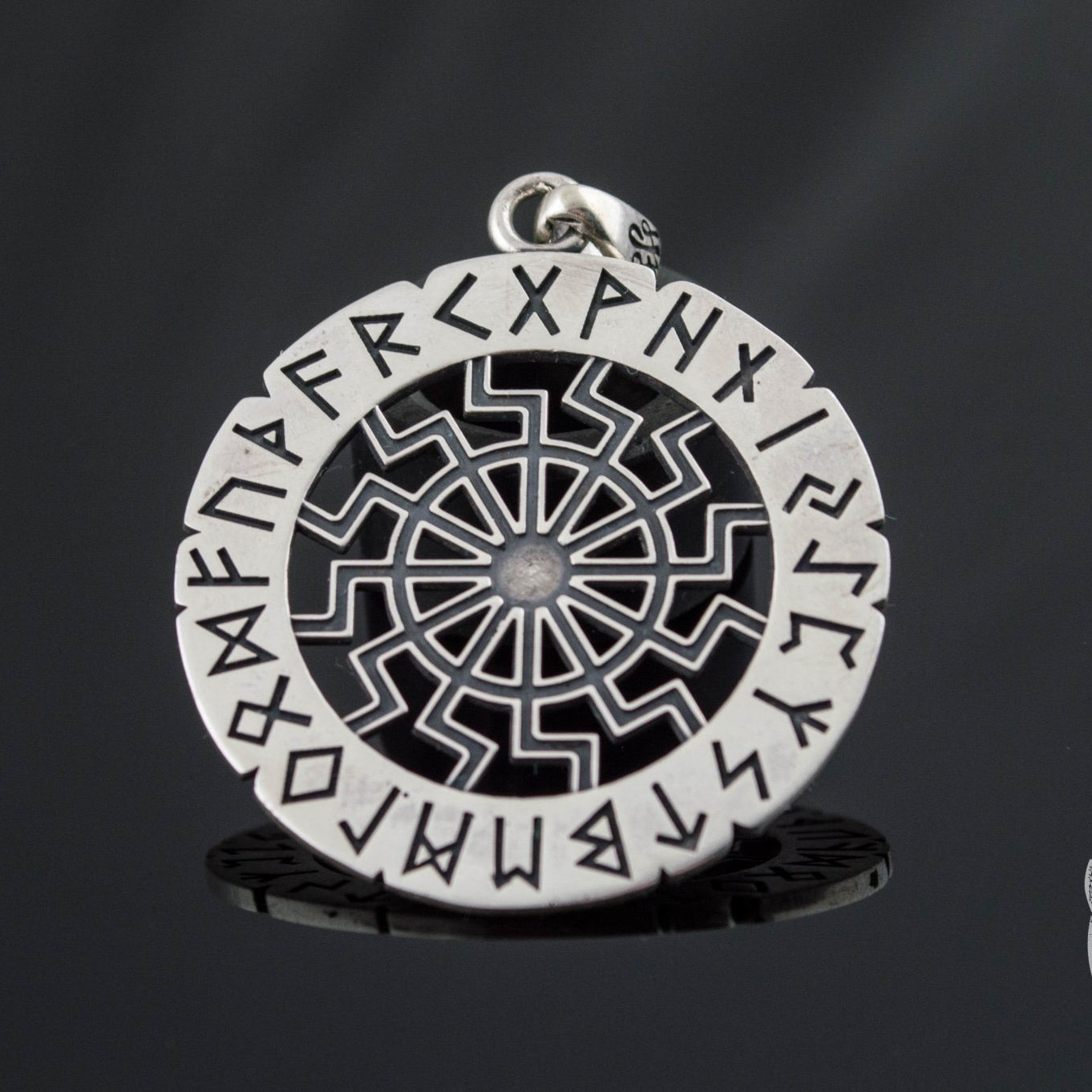 Elder Futhark Runes and Black Sun Symbol 925 Sterling Silver Pendant - VikingsBrand