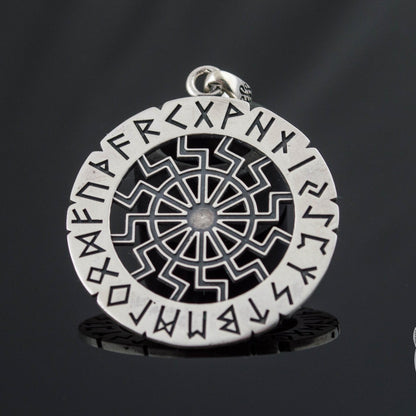 Elder Futhark Runes and Black Sun Symbol 925 Sterling Silver Pendant - VikingsBrand