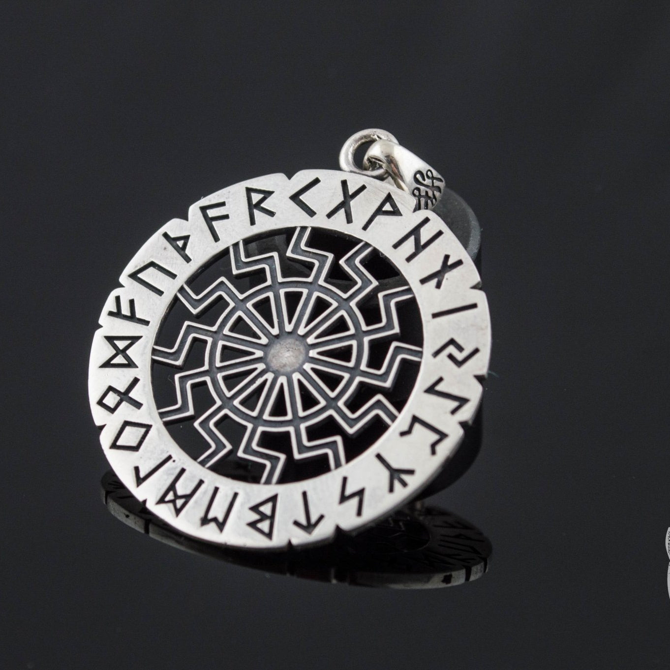 Elder Futhark Runes and Black Sun Symbol 925 Sterling Silver Pendant - VikingsBrand