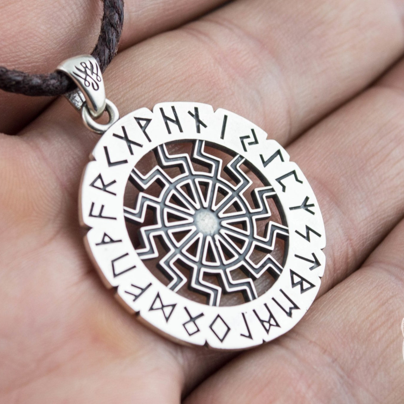 Elder Futhark Runes and Black Sun Symbol 925 Sterling Silver Pendant - VikingsBrand