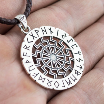 Elder Futhark Runes and Black Sun Symbol 925 Sterling Silver Pendant - VikingsBrand