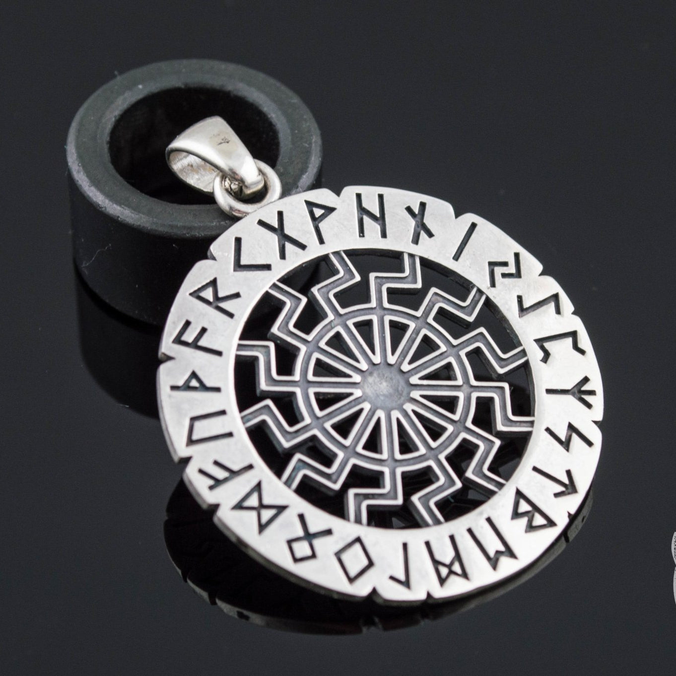 Elder Futhark Runes and Black Sun Symbol 925 Sterling Silver Pendant - VikingsBrand