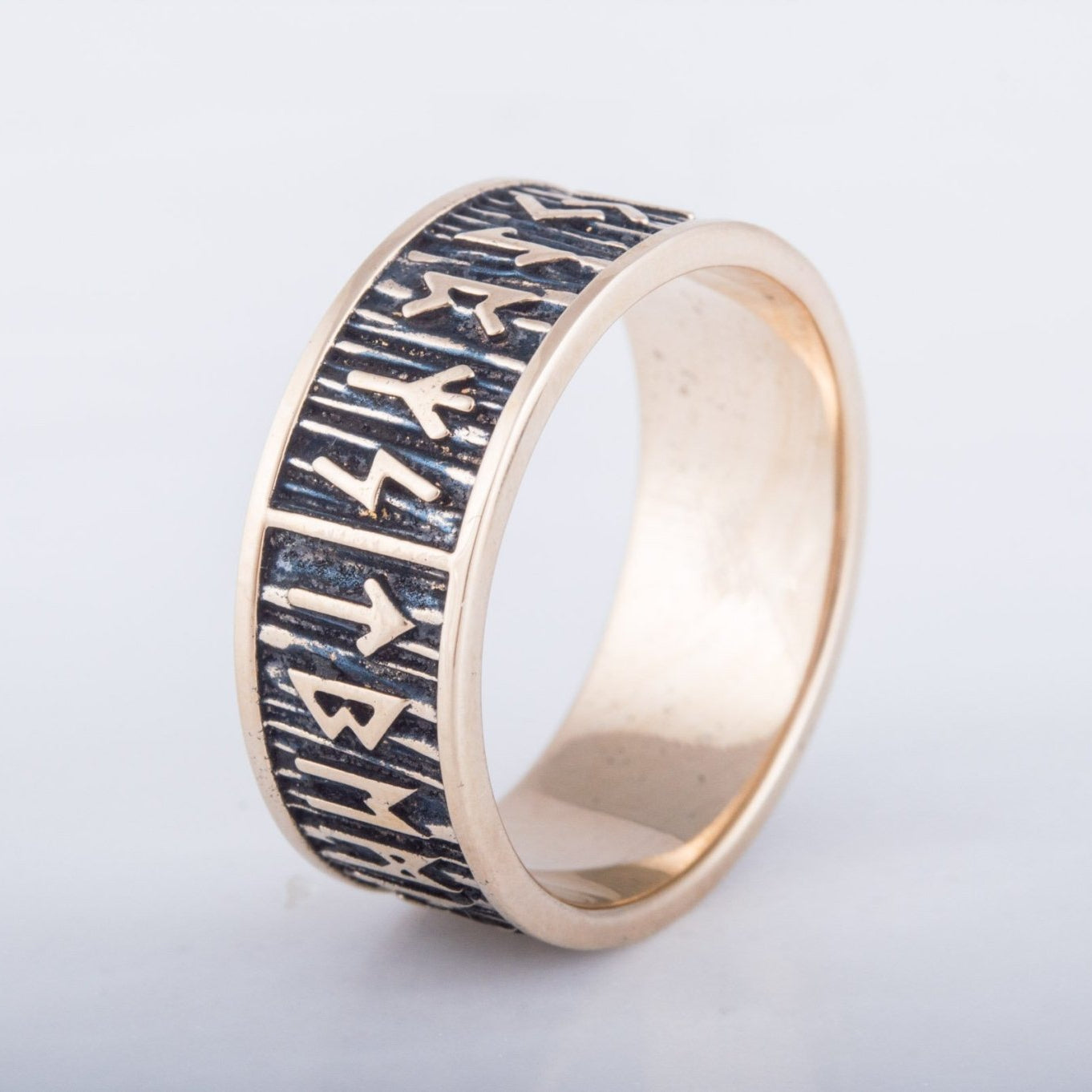 Elder Futhark Runes Bronze Viking Ring with Wide Rim
