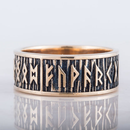 Elder Futhark Runes Bronze Viking Ring with Wide Rim