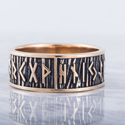 Elder Futhark Runes Bronze Viking Ring with Wide Rim