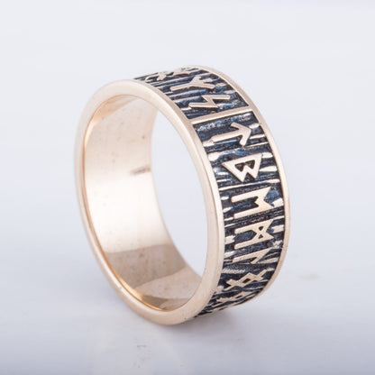 Elder Futhark Runes Bronze Viking Ring with Wide Rim