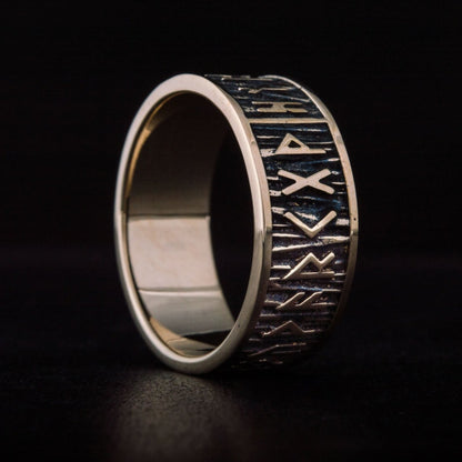 Elder Futhark Runes Bronze Viking Ring with Wide Rim