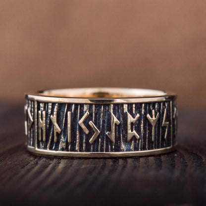 Elder Futhark Runes Bronze Viking Ring with Wide Rim