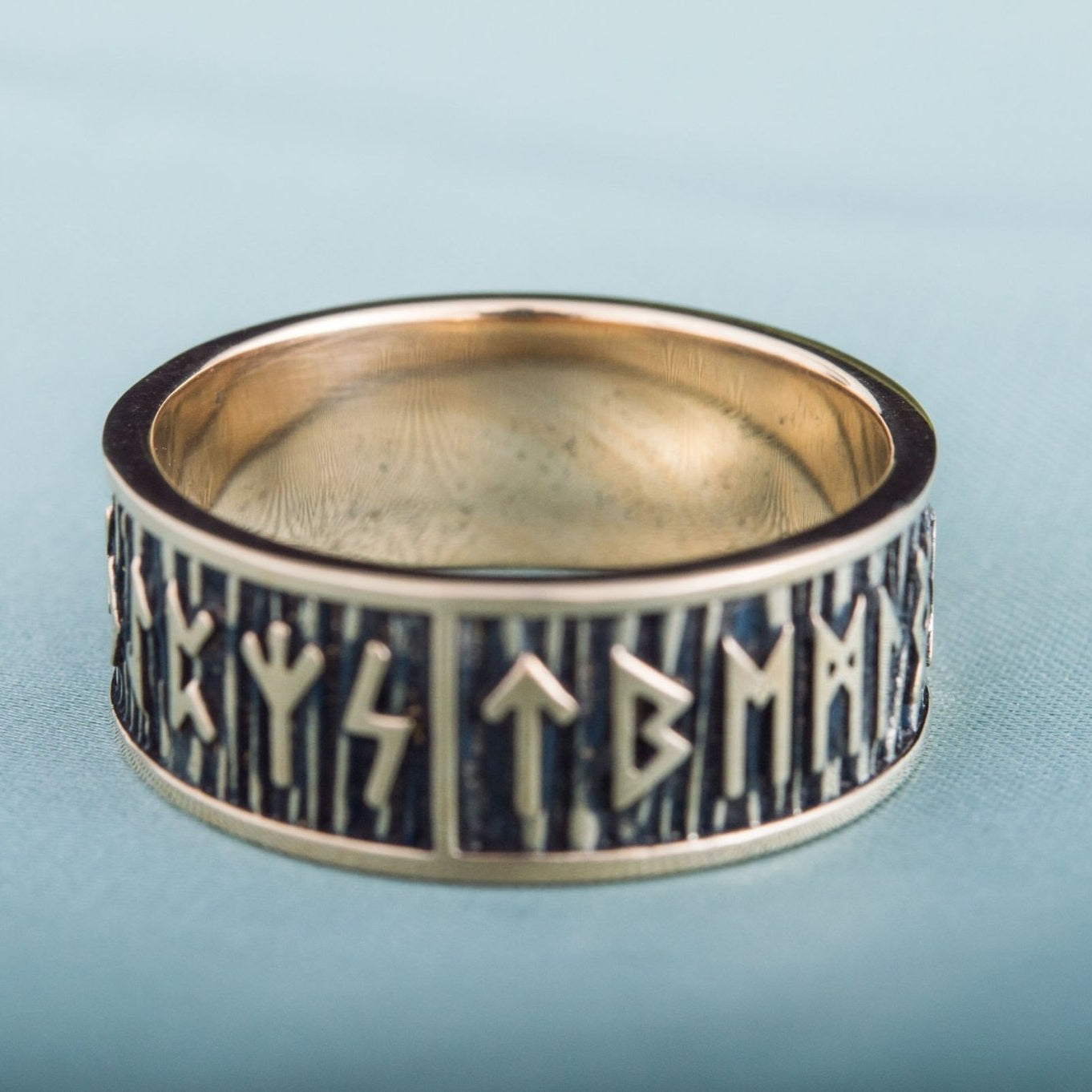 Elder Futhark Runes Bronze Viking Ring with Wide Rim