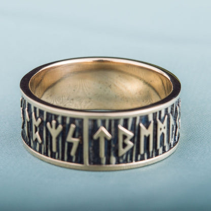 Elder Futhark Runes Bronze Viking Ring with Wide Rim