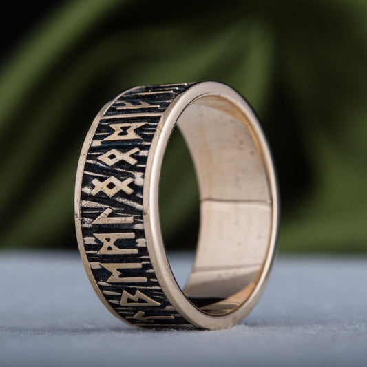 Elder Futhark Runes Bronze Viking Ring with Wide Rim