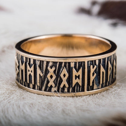Elder Futhark Runes Bronze Viking Ring with Wide Rim