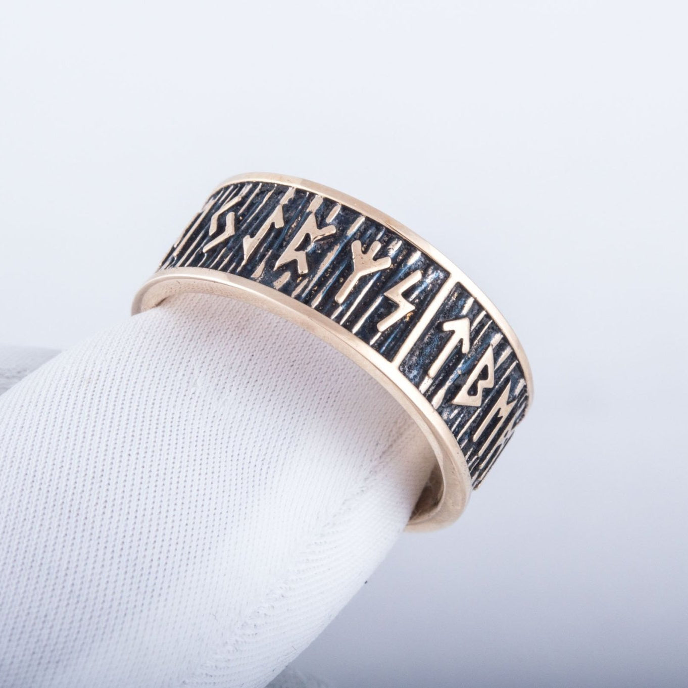 Elder Futhark Runes Bronze Viking Ring with Wide Rim