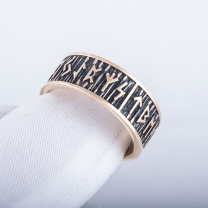 Elder Futhark Runes Bronze Viking Ring with Wide Rim