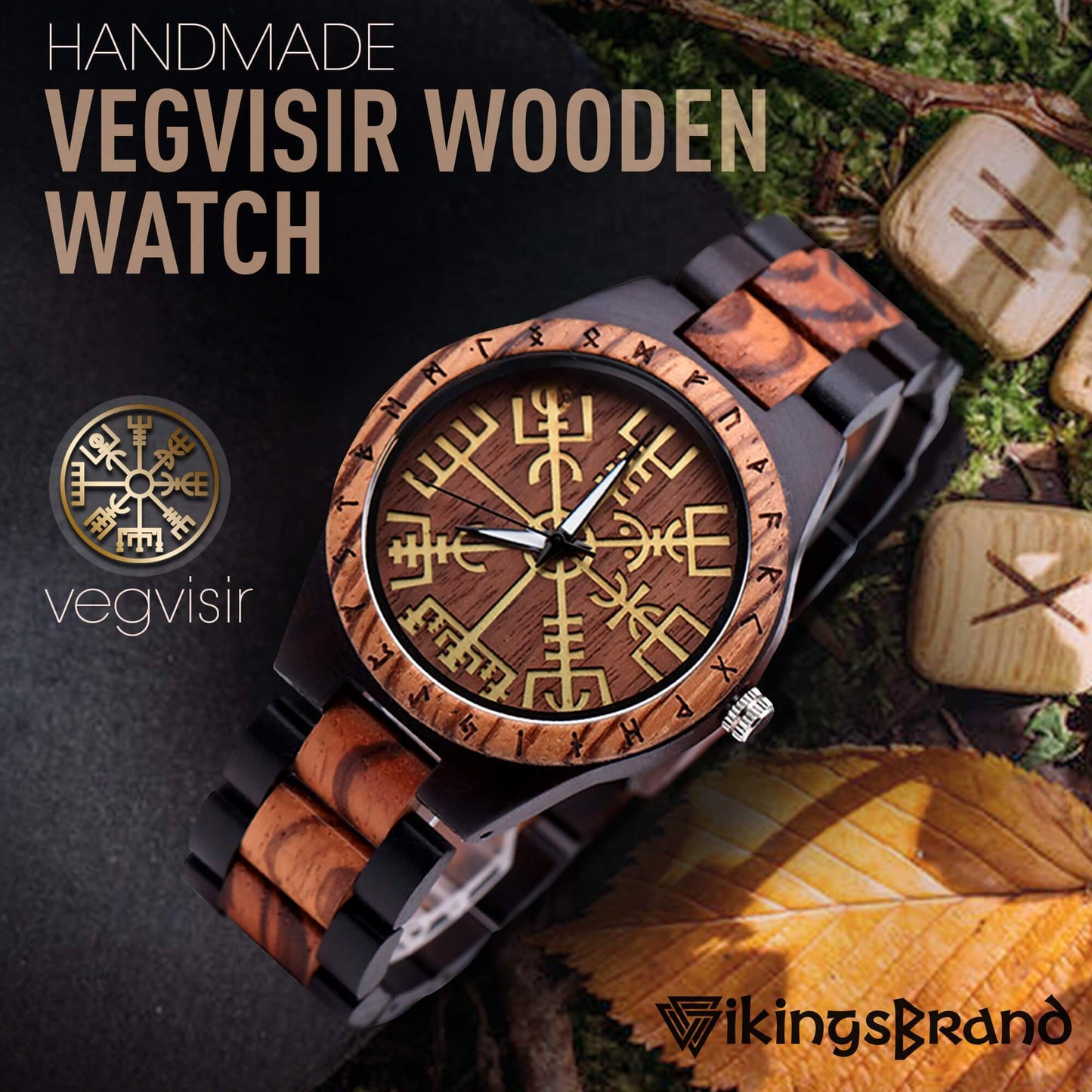 Erik Viking Wooden Watch with Vegvisir Viking Symbol & Custom Engravings