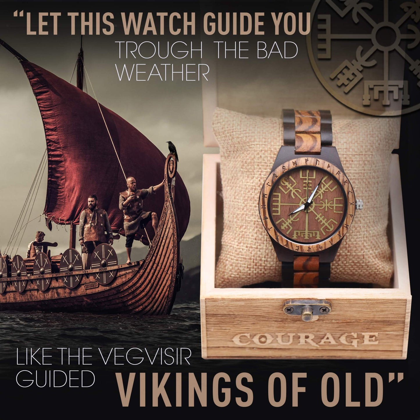 Erik Viking Wooden Watch with Vegvisir Viking Symbol & Custom Engravings