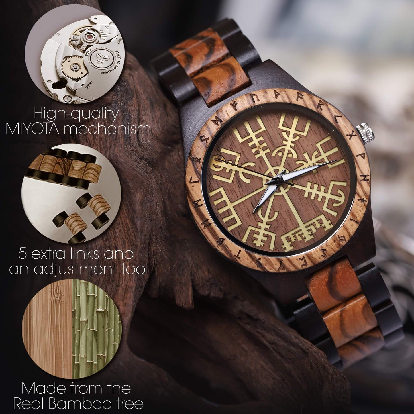 Erik Viking Wooden Watch with Vegvisir Viking Symbol & Custom Engravings