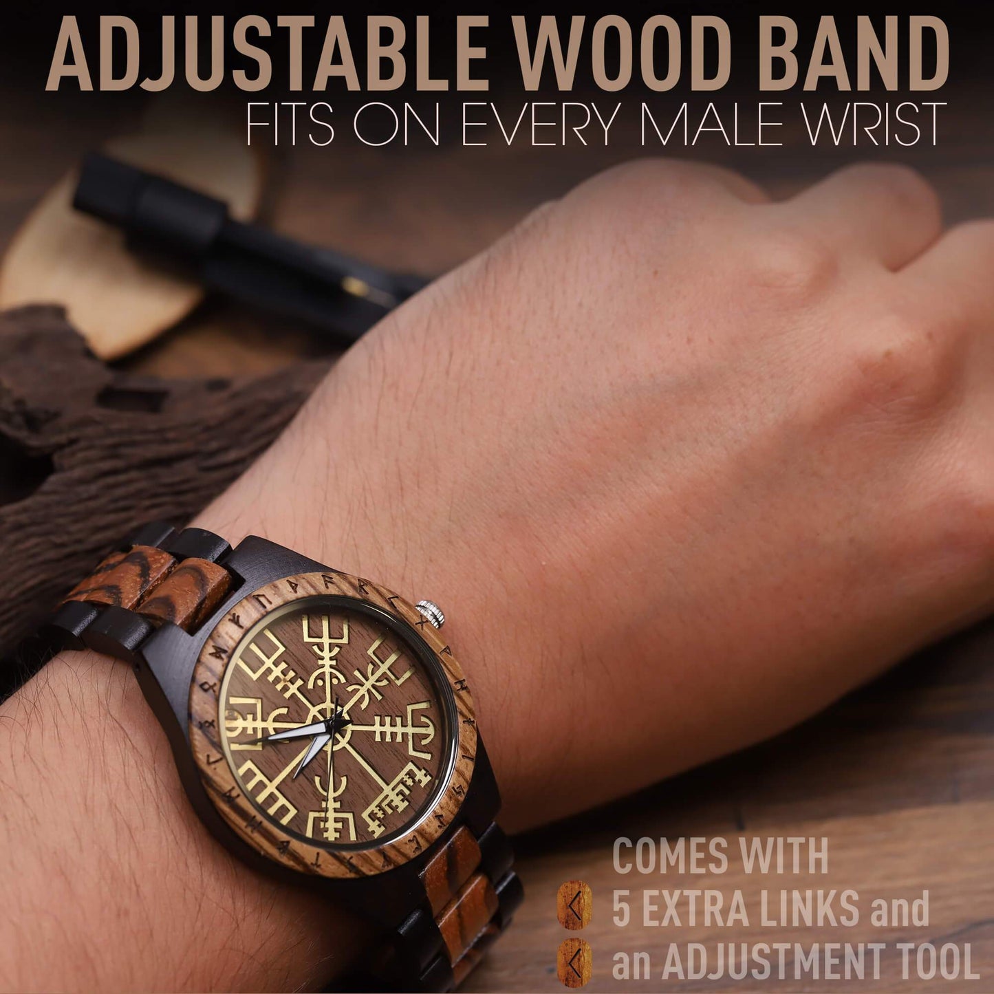 Erik Viking Wooden Watch with Vegvisir Viking Symbol & Custom Engravings