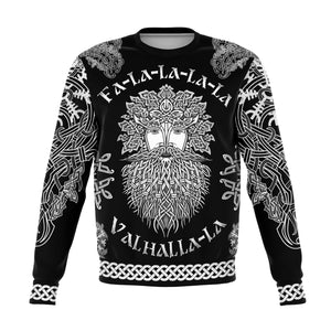 Fa-La-La-La-La Valhalla Yule Santa sweater with Yggdrasil on the back, black edition