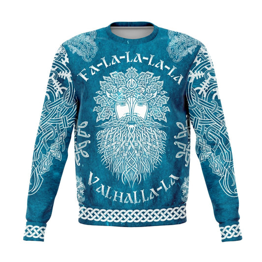 Fa-La-La-La-La Valhalla Yule Santa Sweater with Yggdrasil on the Back - Blue Edition - VikingsBrand