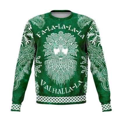 Fa-La-La-La-La Valhalla Yule Santa Sweater with Yggdrasil on the Back - Green Edition - VikingsBrand