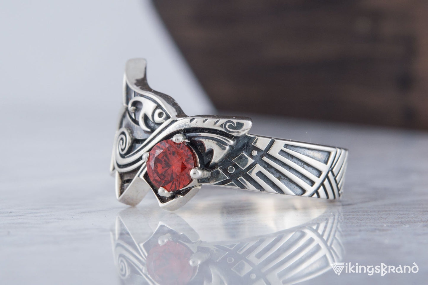 Fenrir Viking Ring with Gem Sterling Silver Unique Norse Jewelry