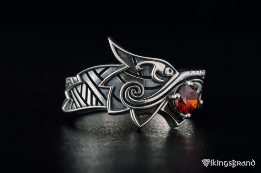 Fenrir Viking Ring with Gem Sterling Silver Unique Norse Jewelry
