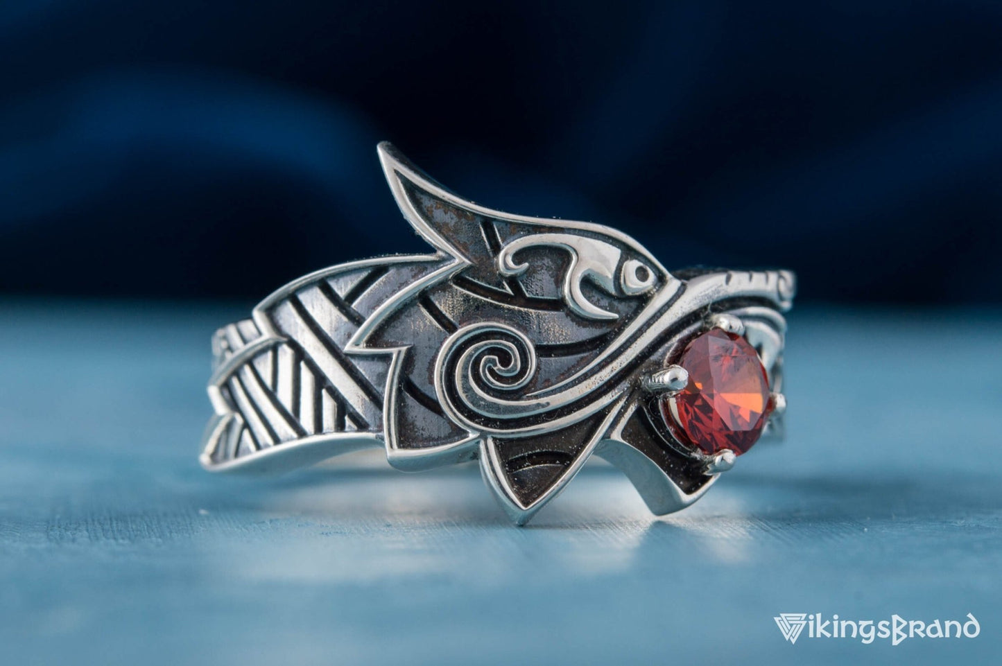 Fenrir Viking Ring with Gem Sterling Silver Unique Norse Jewelry