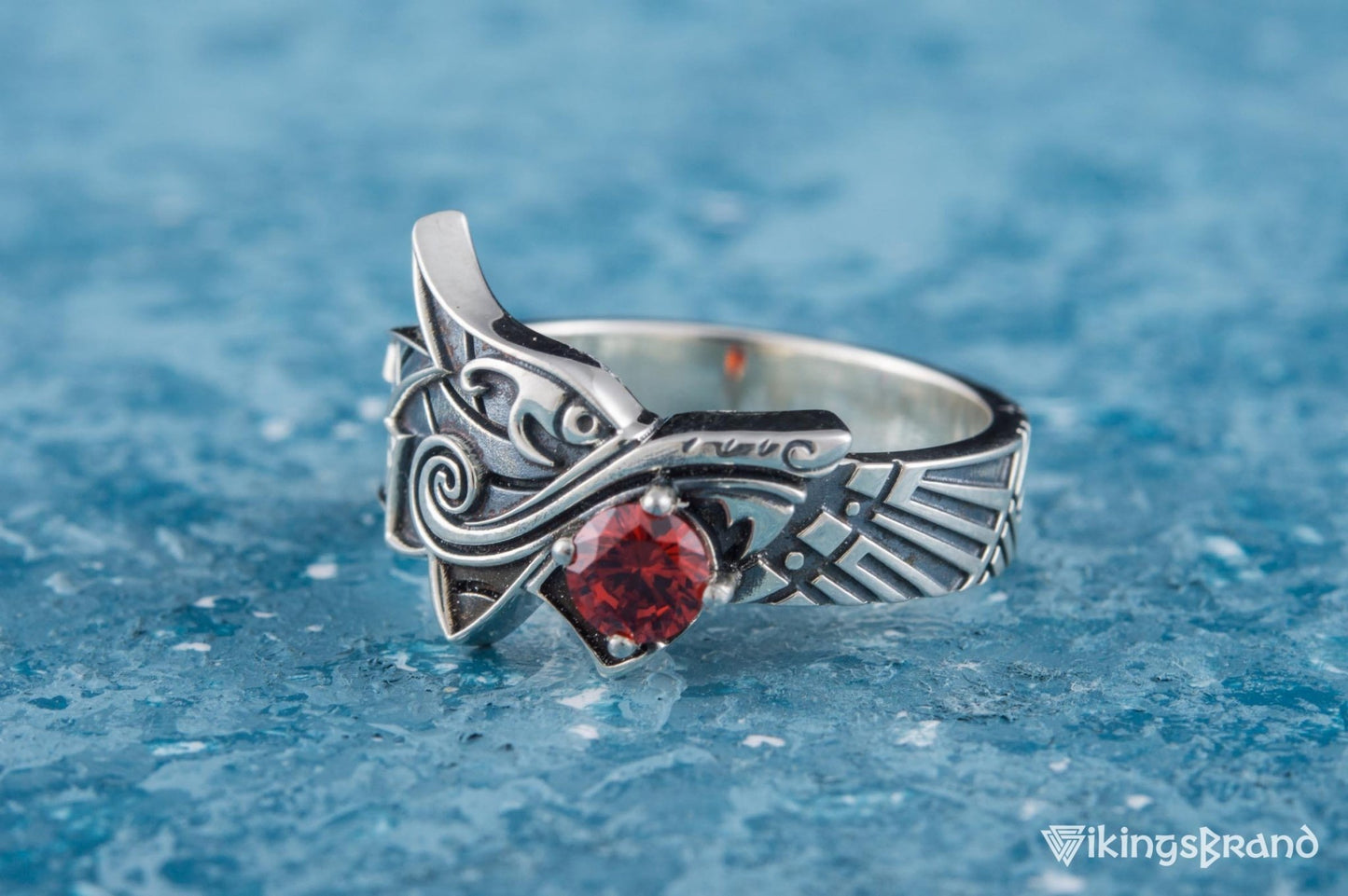 Fenrir Viking Ring with Gem Sterling Silver Unique Norse Jewelry