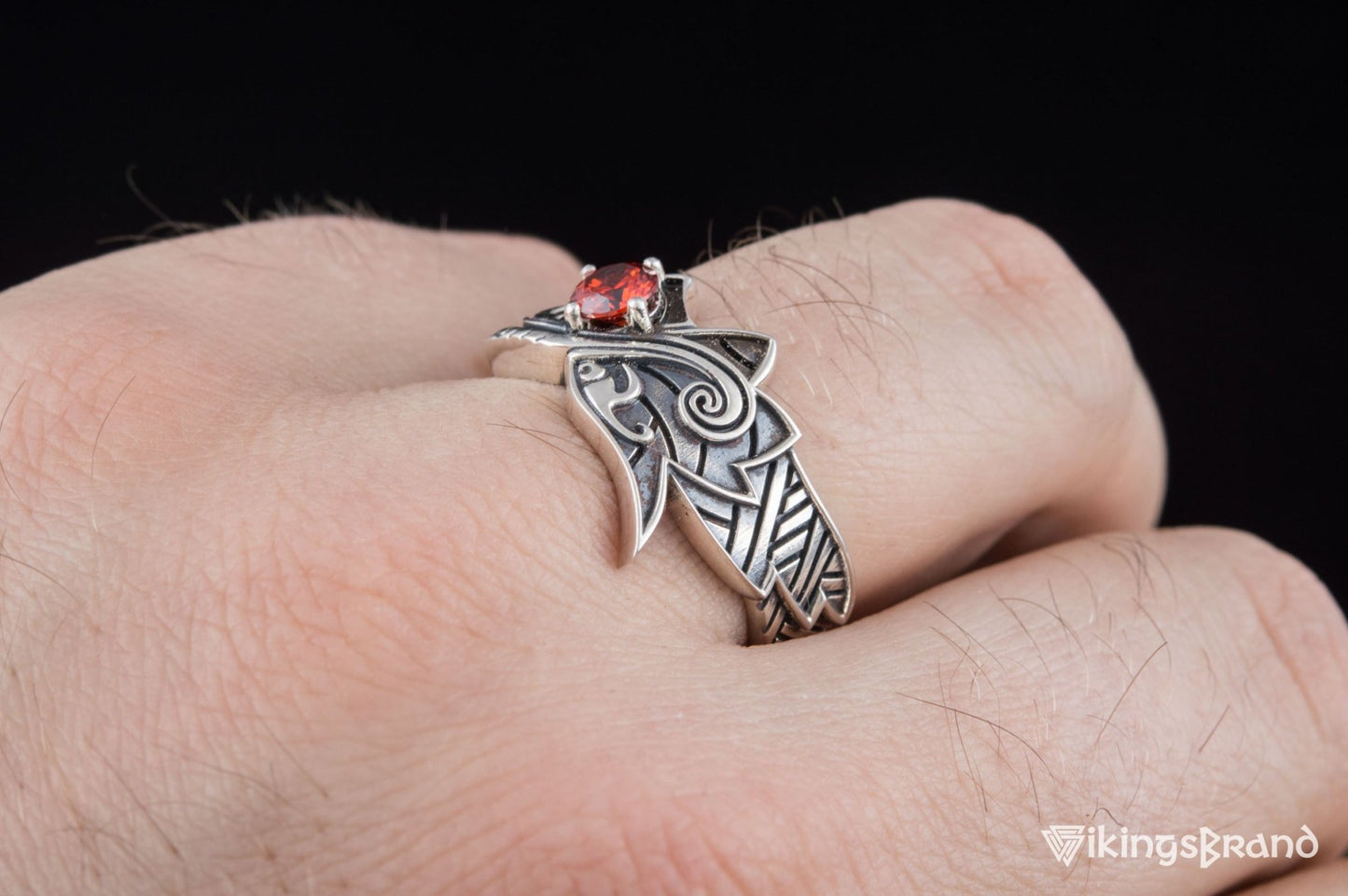 Fenrir Viking Ring with Gem Sterling Silver Unique Norse Jewelry