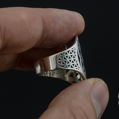 Flower of Life Symbol 925 Sterling Silver Viking Ring - VikingsBrand