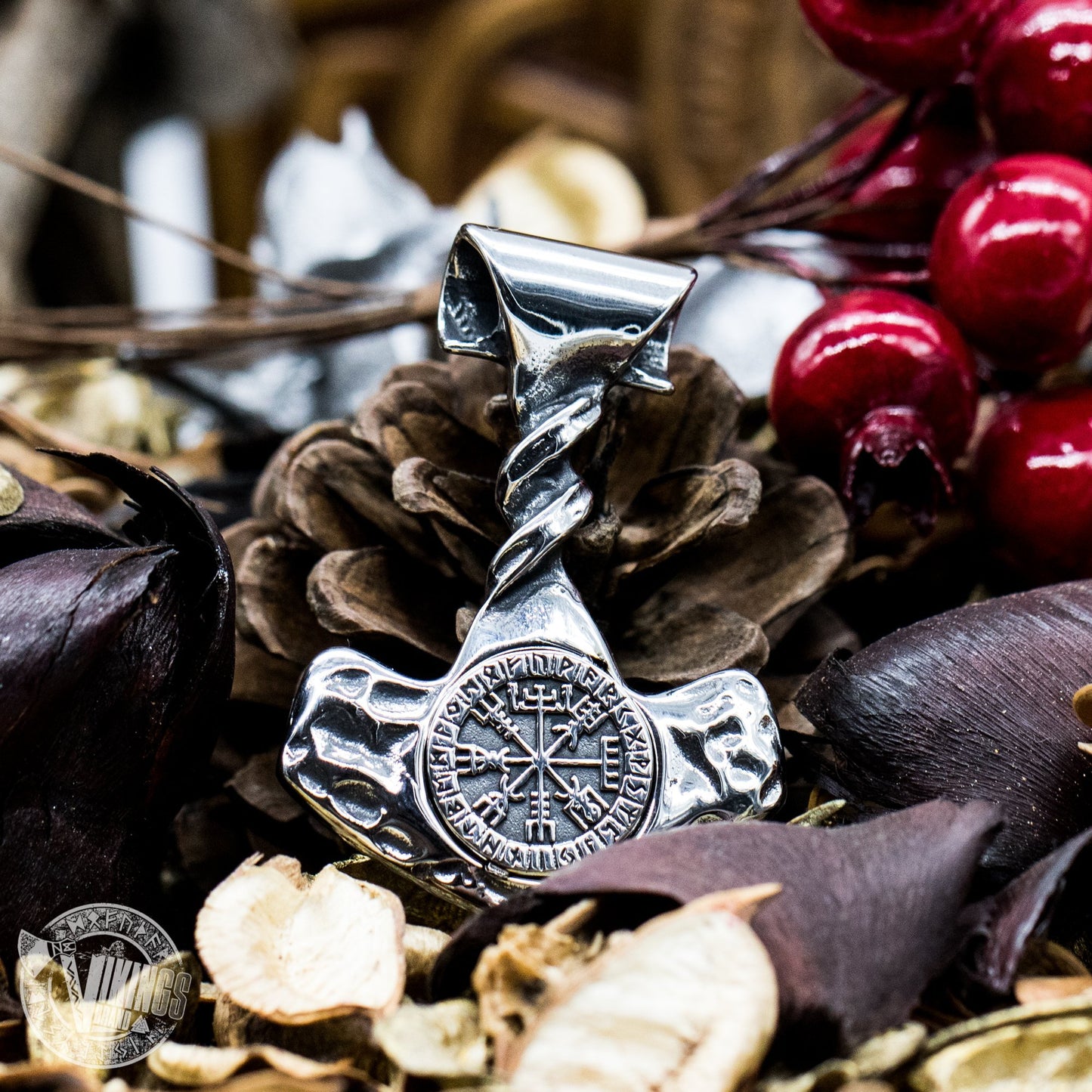 Forged in Fire Thor Hammer Pendant with Vegvisir - VikingsBrand
