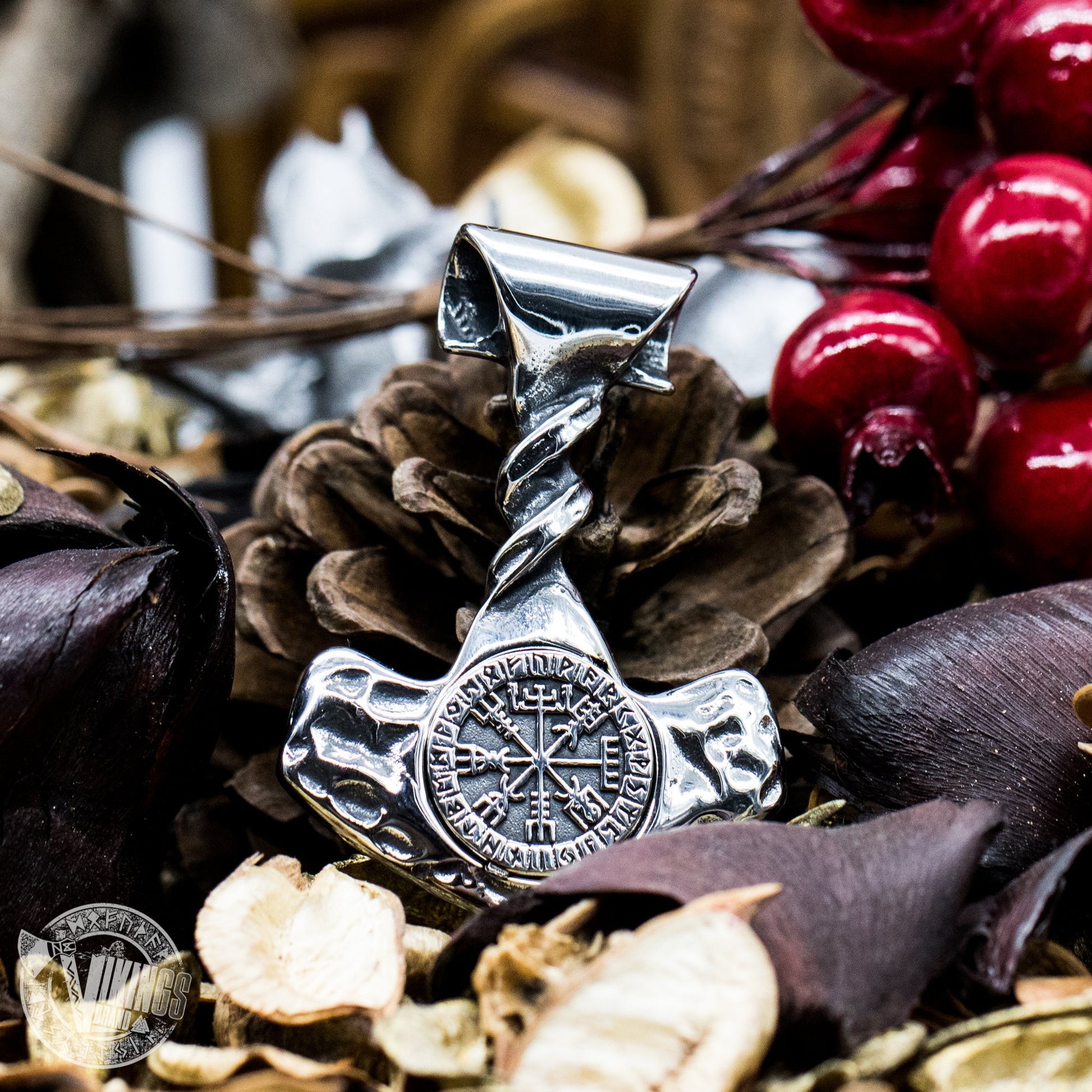 Forged in Fire Thor Hammer Pendant with Vegvisir - VikingsBrand
